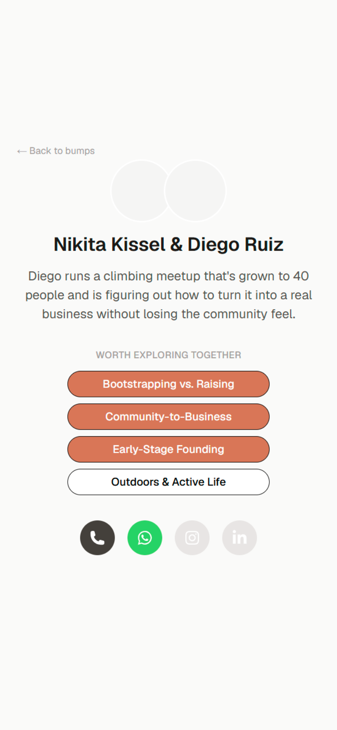 Bump match screen: two people and the topics worth exploring together
